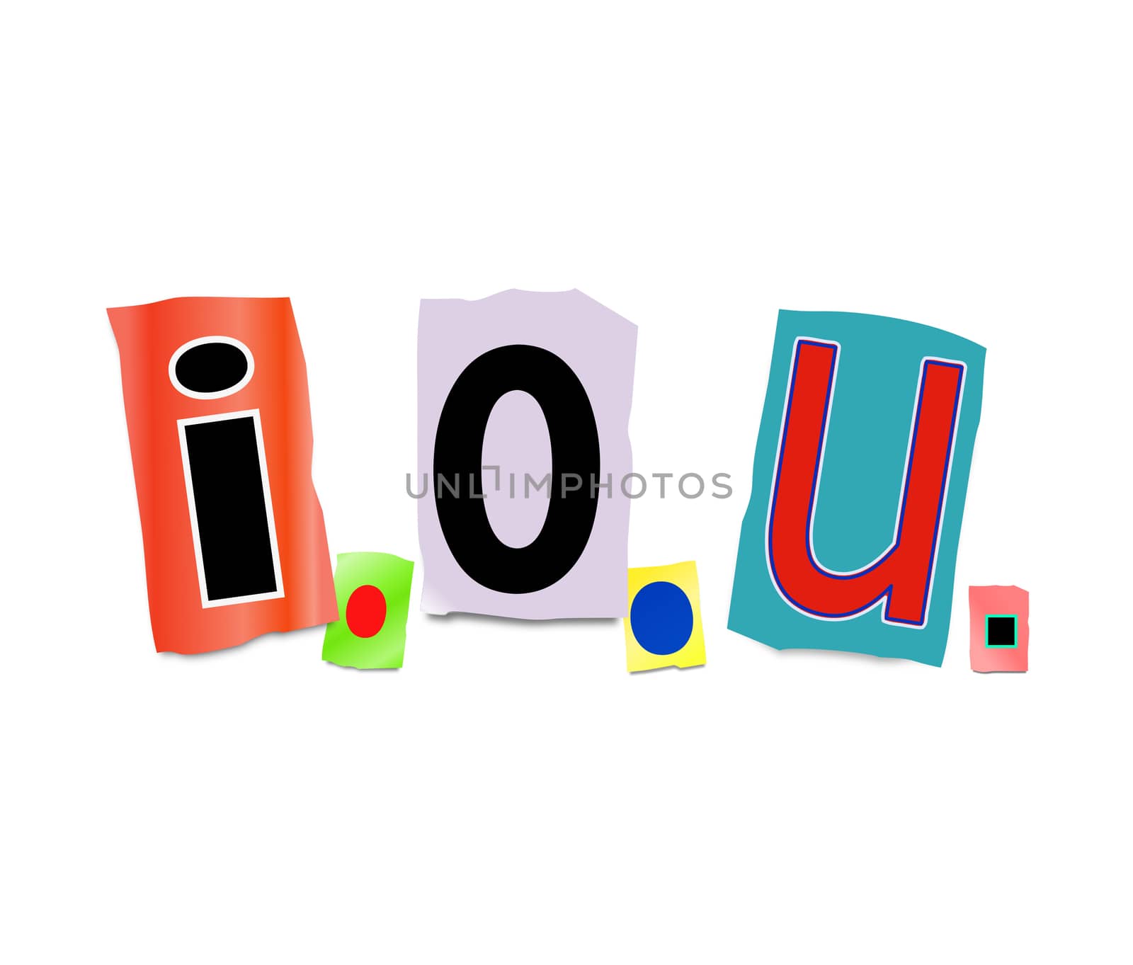 Illustration depicting a set of cut out letters formed to arrange the abbreviation i.o.u..