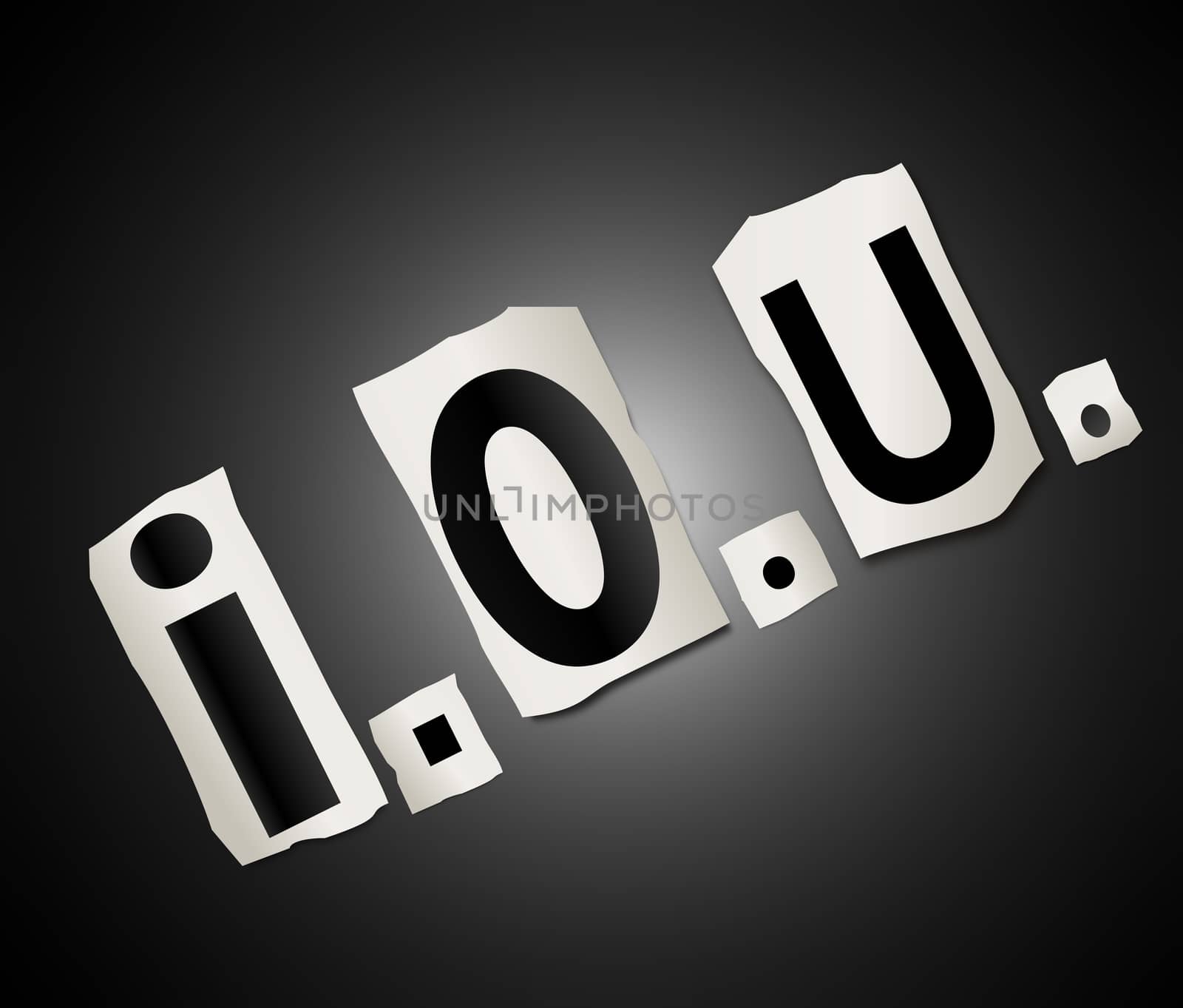 Illustration depicting a set of cut out letters formed to arrange the abbreviation i.o.u..