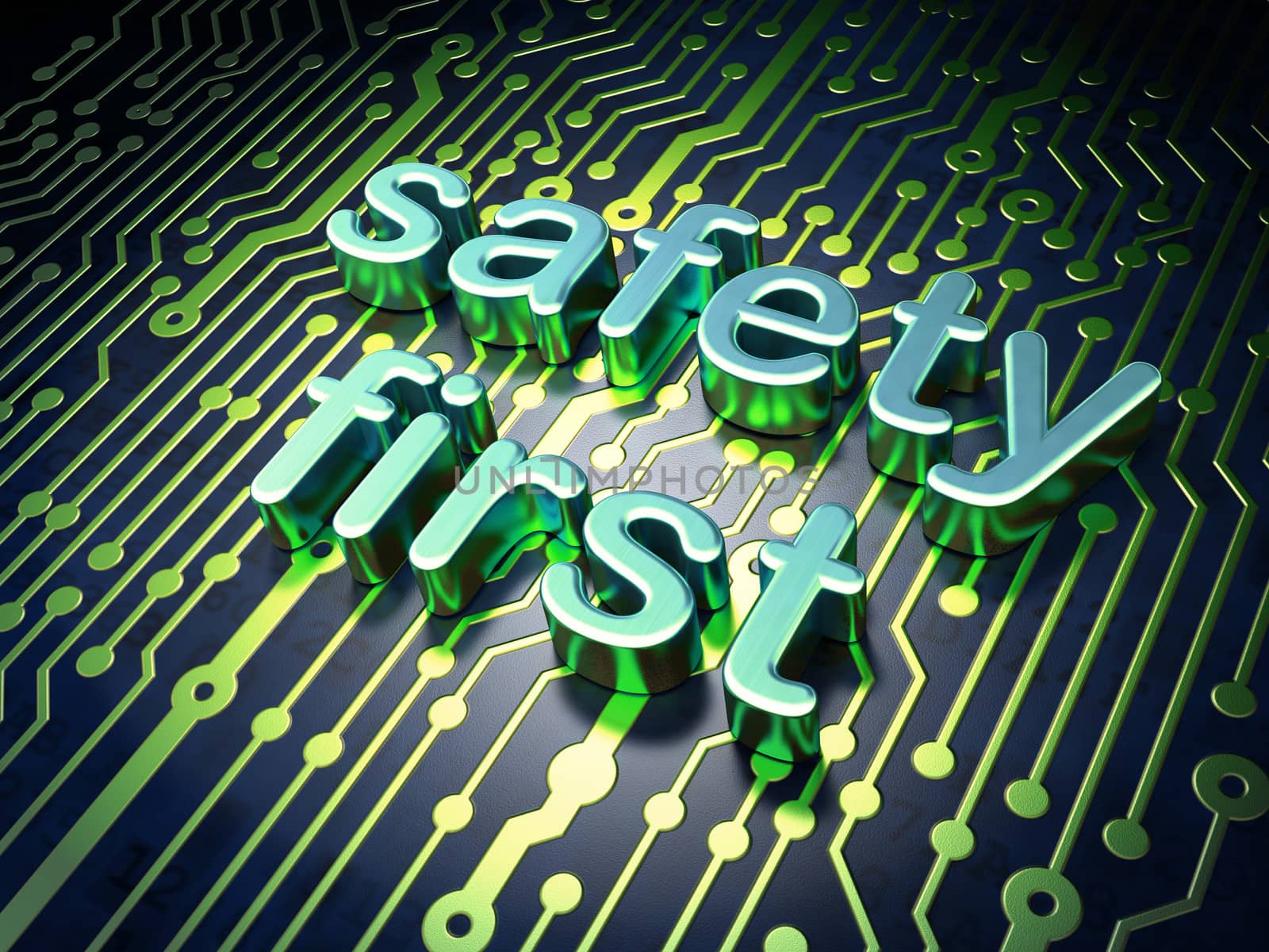 Privacy concept: circuit board with word Safety First, 3d render