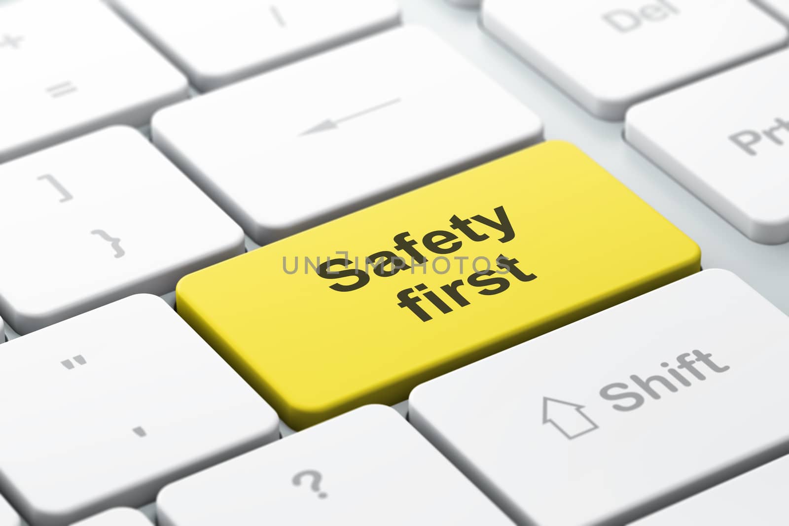 Safety concept: computer keyboard with word Safety First, selected focus on enter button, 3d render