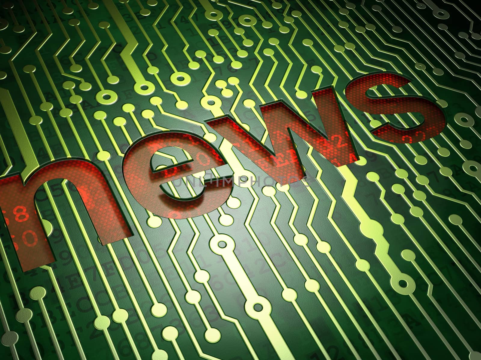 News concept: circuit board with word News, 3d render