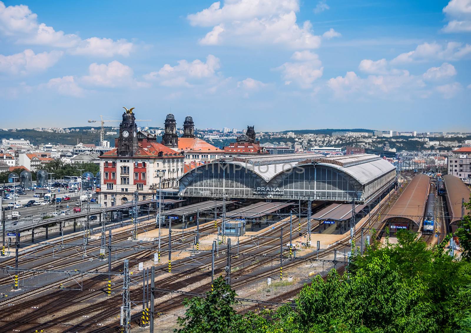 View on railway station building in Prague, editorial