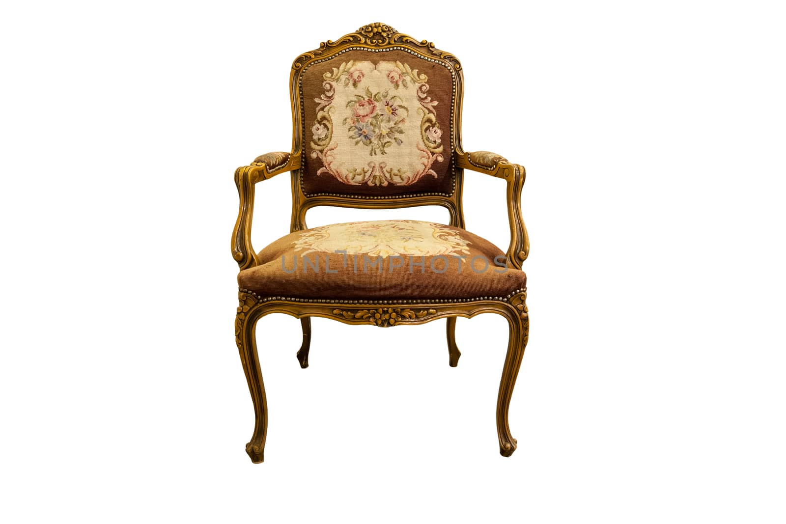 French XIX century antique chair made from oak wood isolated on white.