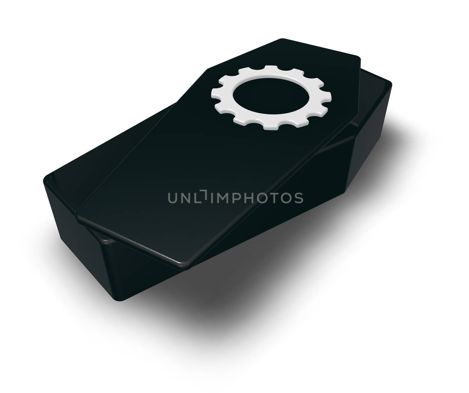 coffin with cogwheel symbol on white background - 3d illustration
