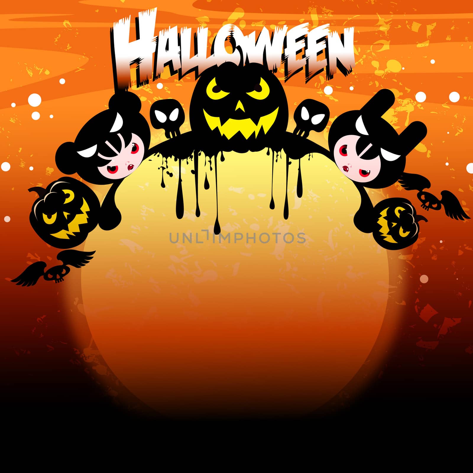 illustration, text halloween, pumpkins, witches, bats, skulls, moon