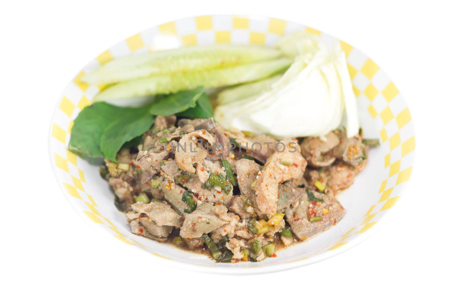 Traditional thai food grilled pork spicy salad called Moo Yang Nam Tok