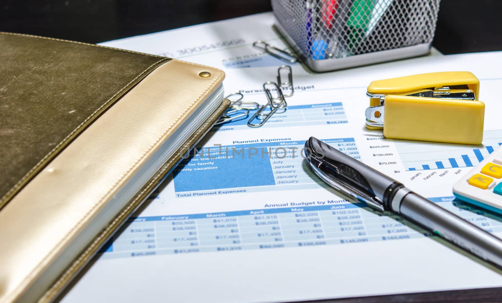 Business documents. Placed on the table with pen and book.