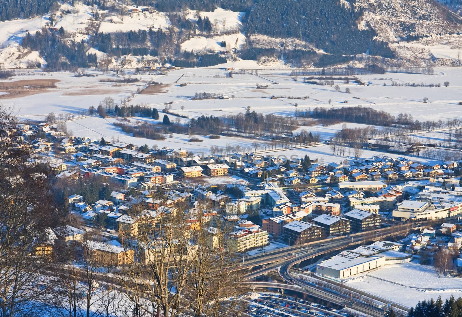 Ski resort Zell am See, village Schuttdorf. Austria. Alps at winter