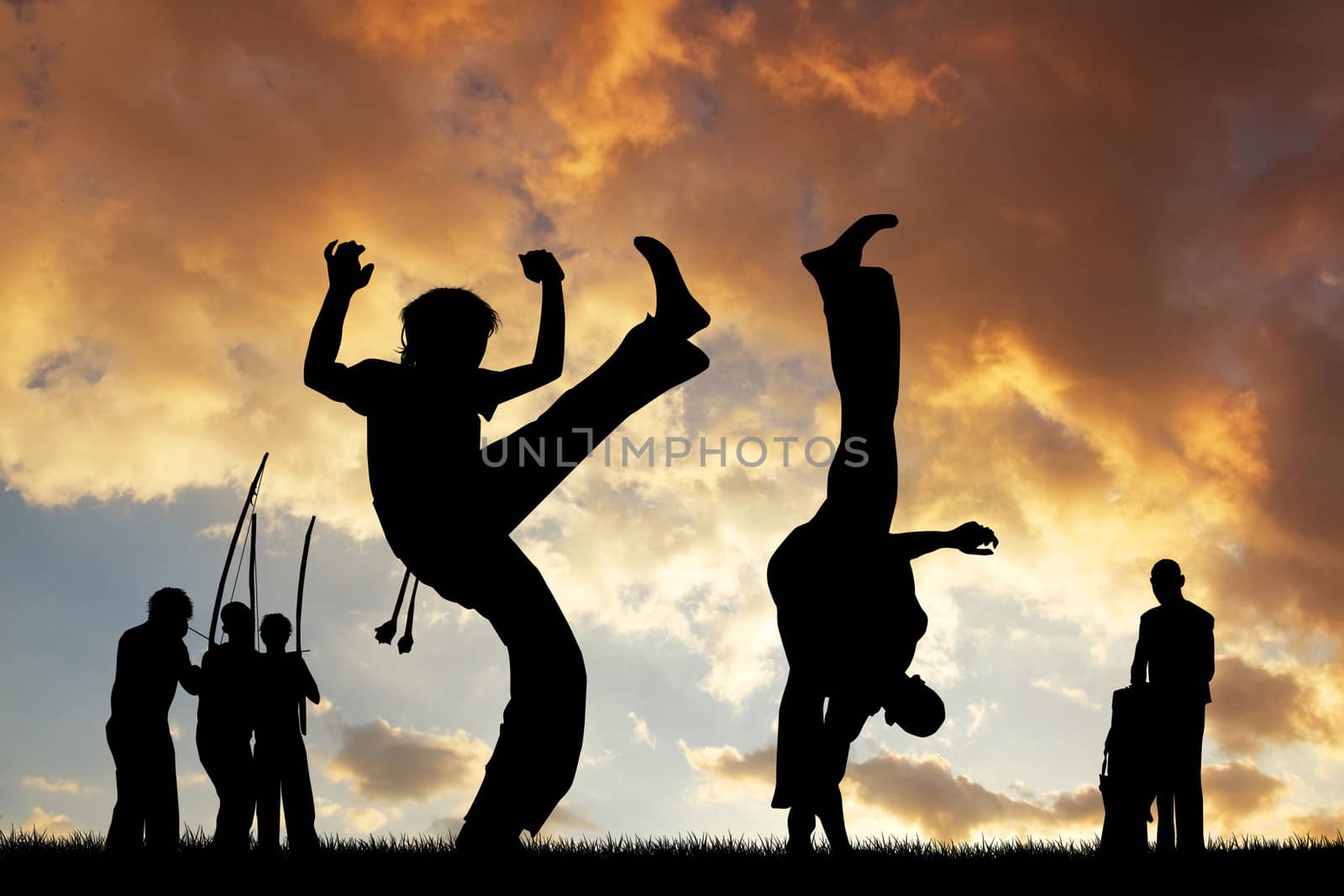Capoeira silhouette at sunset