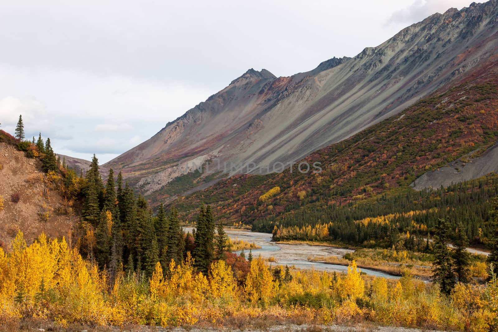 A small river winds through rugged Alaska wilderness