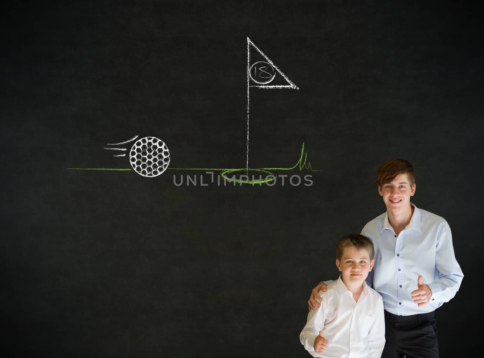 Thumbs up boy dressed up as business man with teacher man and chalk golf ball flag green on blackboard background