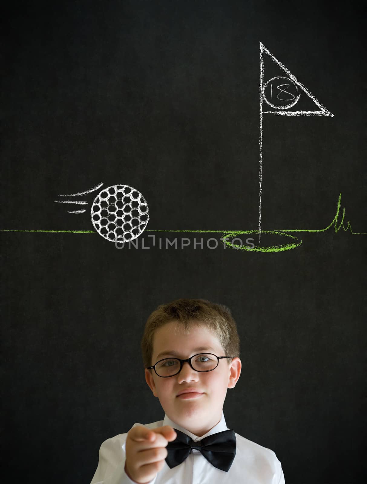 Education needs you thinking boy dressed up as business man with chalk golf ball flag green on blackboard background