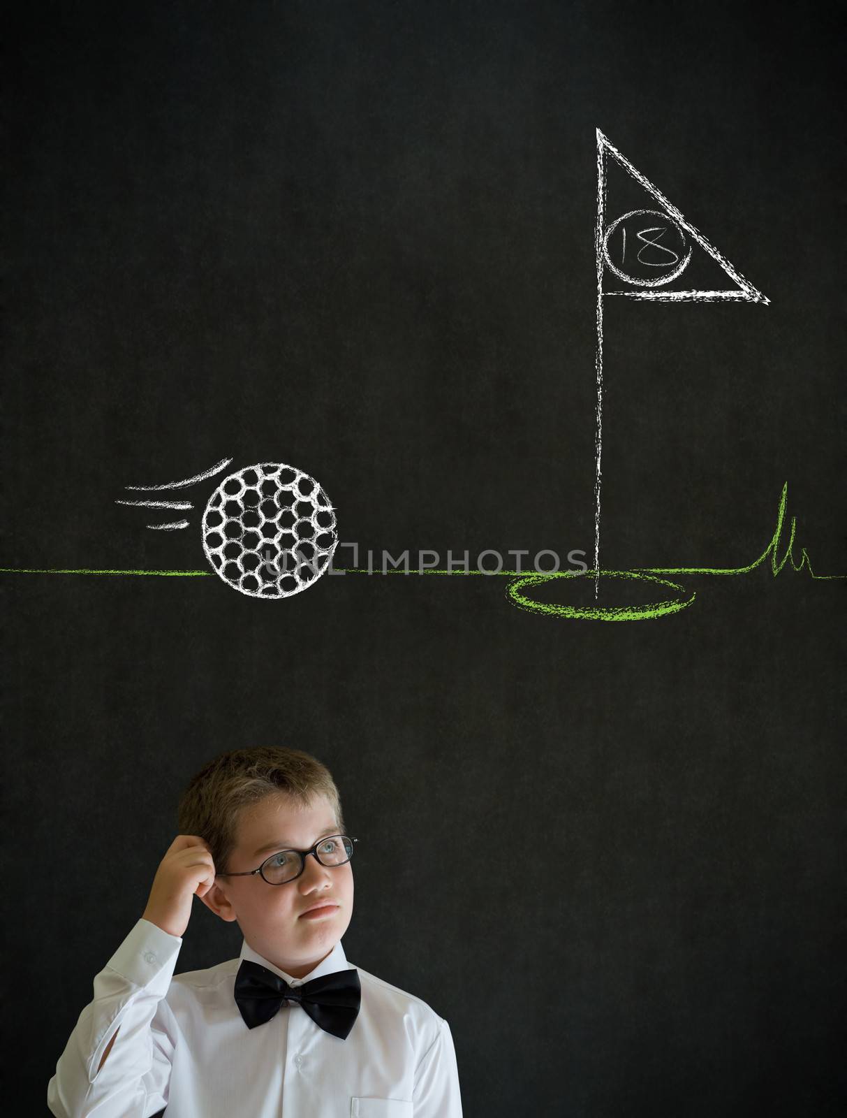 Scratching head thinking boy dressed up as business man with chalk golf ball flag green on blackboard background