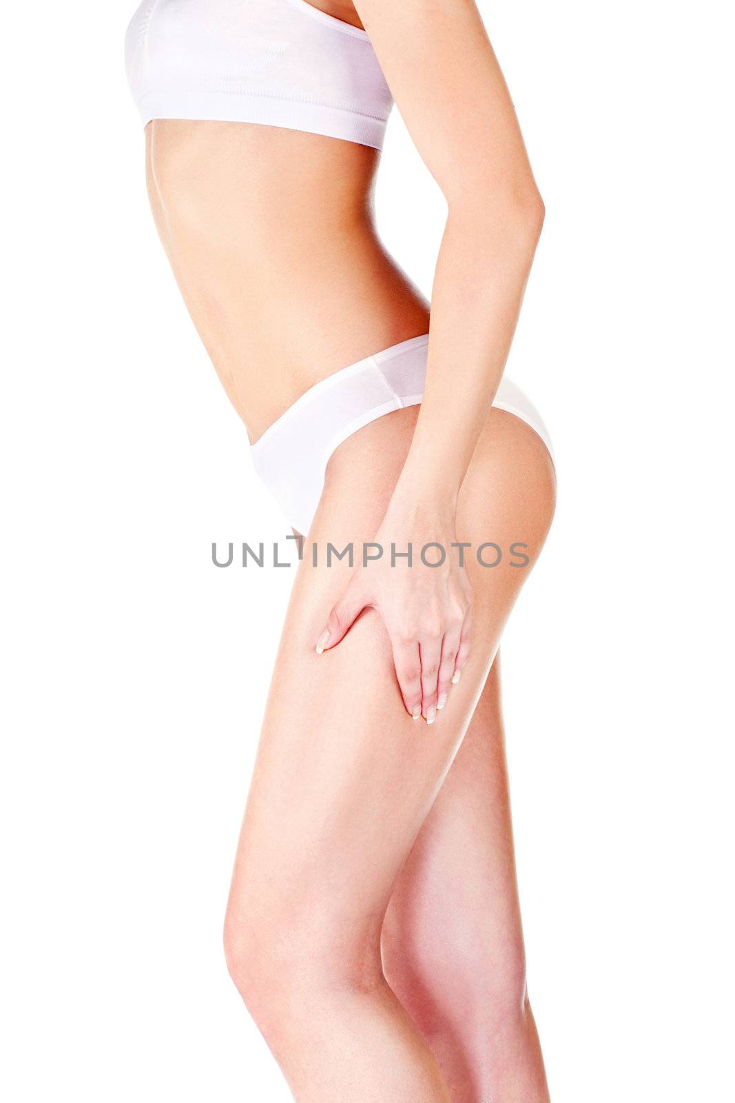 Woman pinching leg for skin fold test, isolated on white. Health concept 