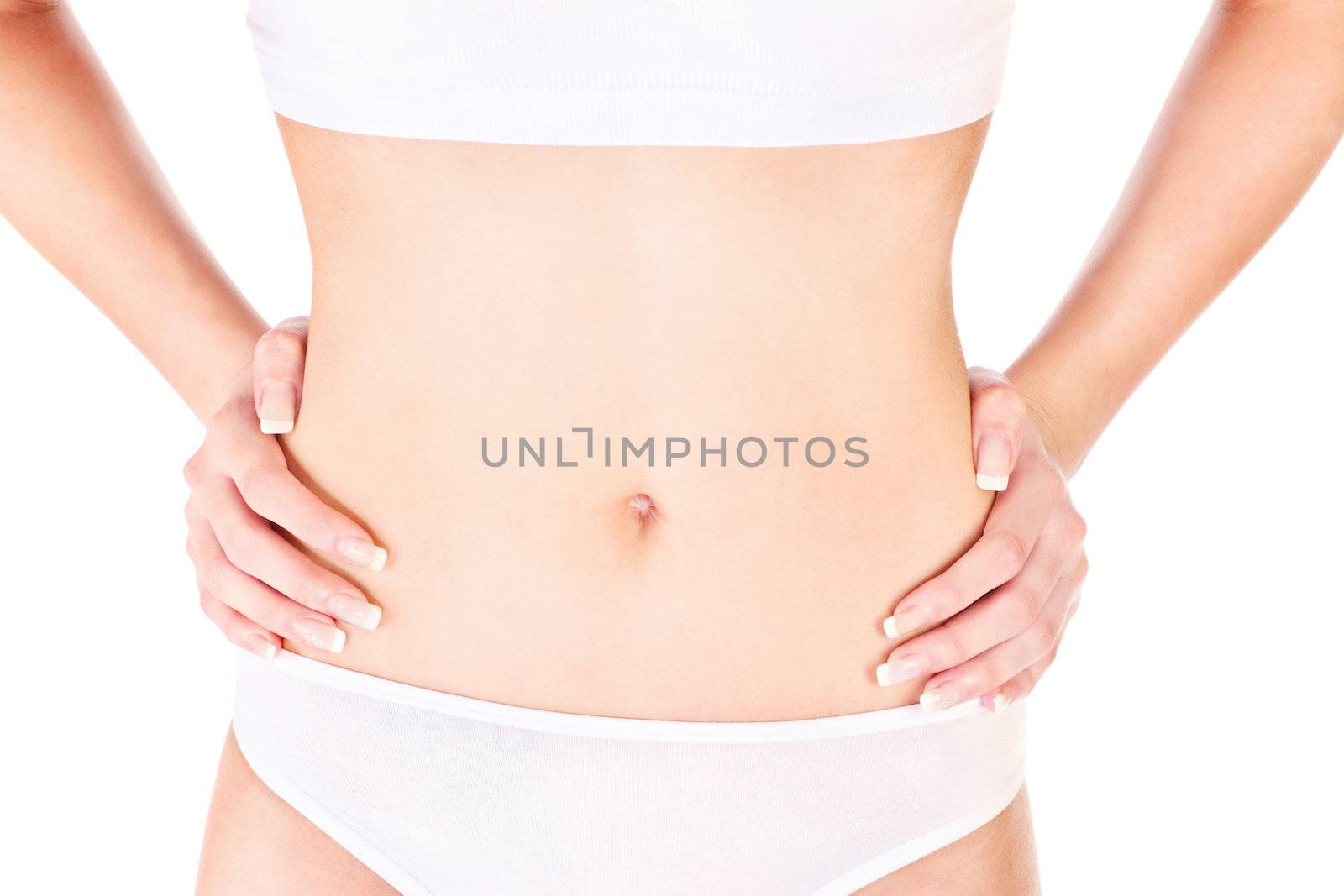 woman's hands on hip, isolated on white. Health concept 