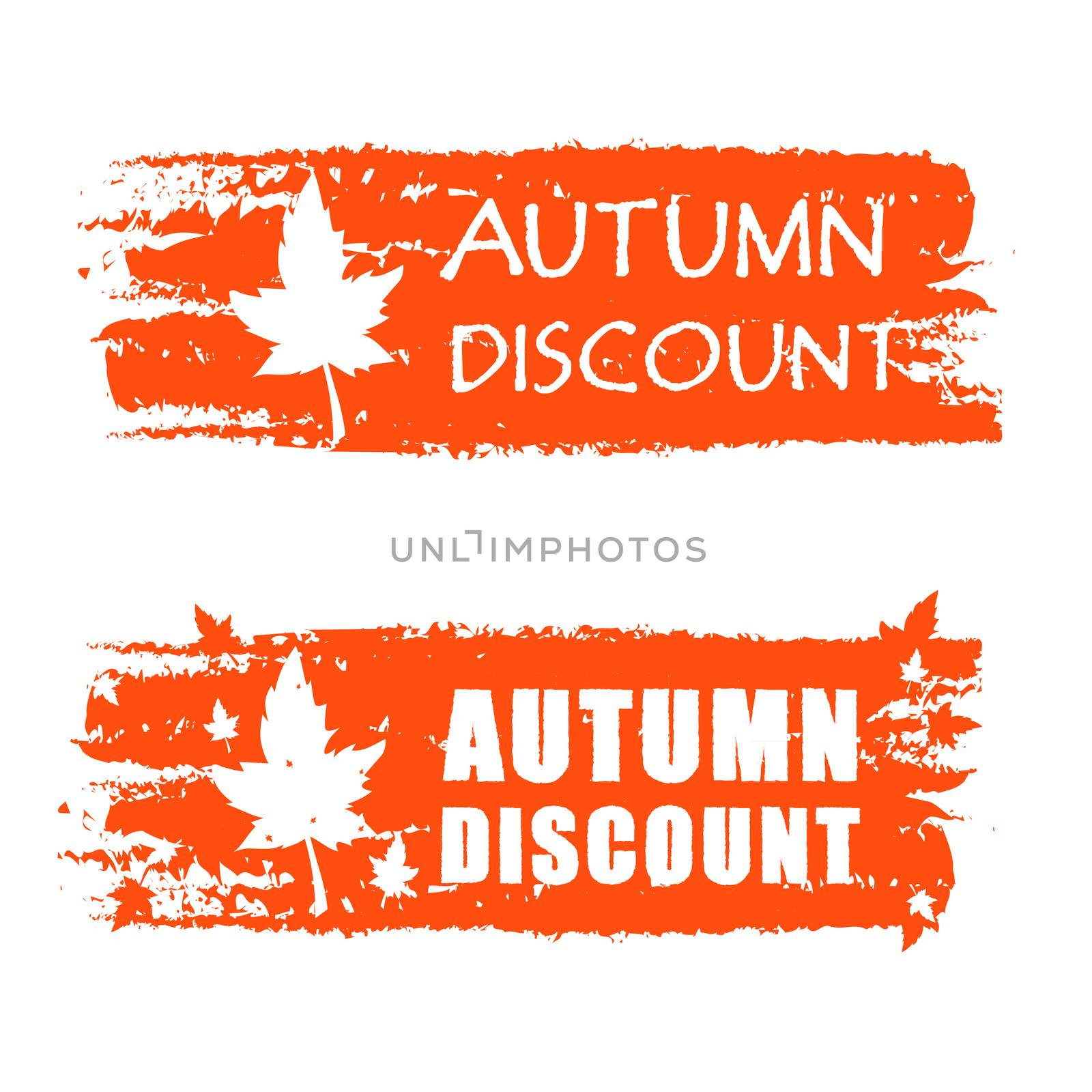 autumn discount - orange drawn banner with text and fall leaf, business concept