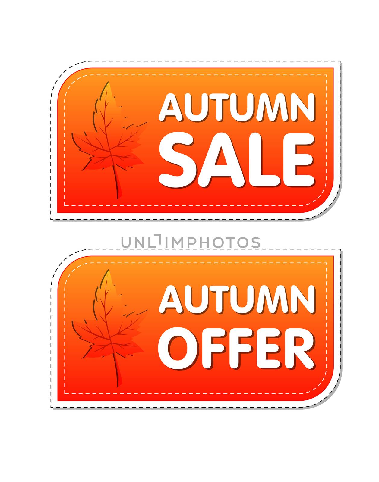 autumn sale and offer - orange labels with text and fall leaf, business concept