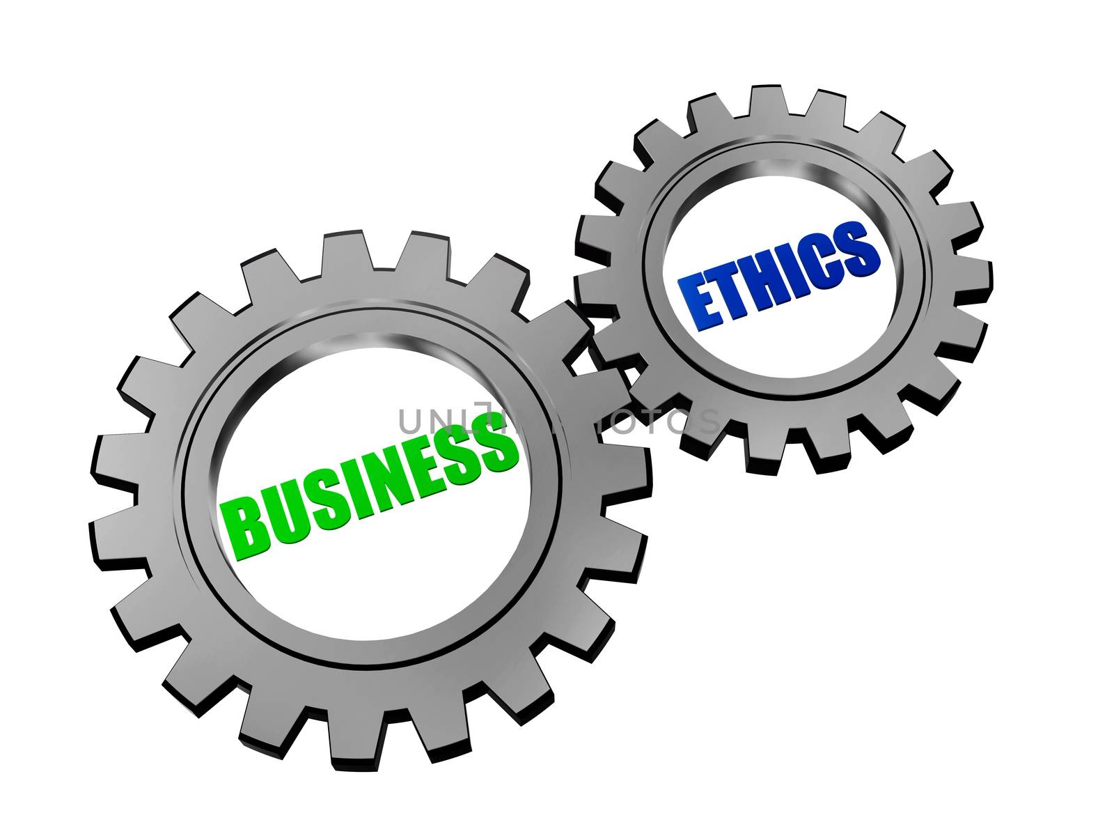 business ethics - text in 3d silver grey gearwheels, business concept words