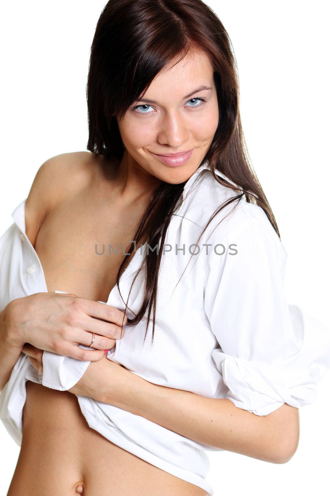 Portrait of a beautiful woman in white shirt