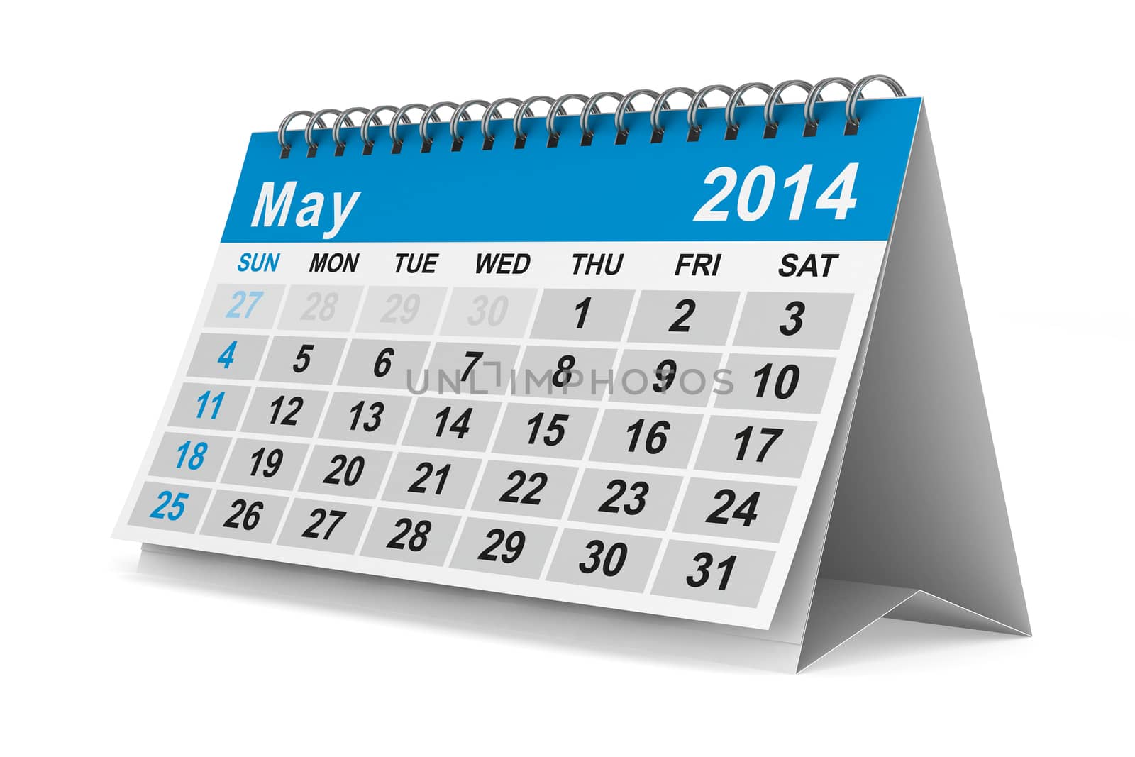 2014 year calendar. May. Isolated 3D image