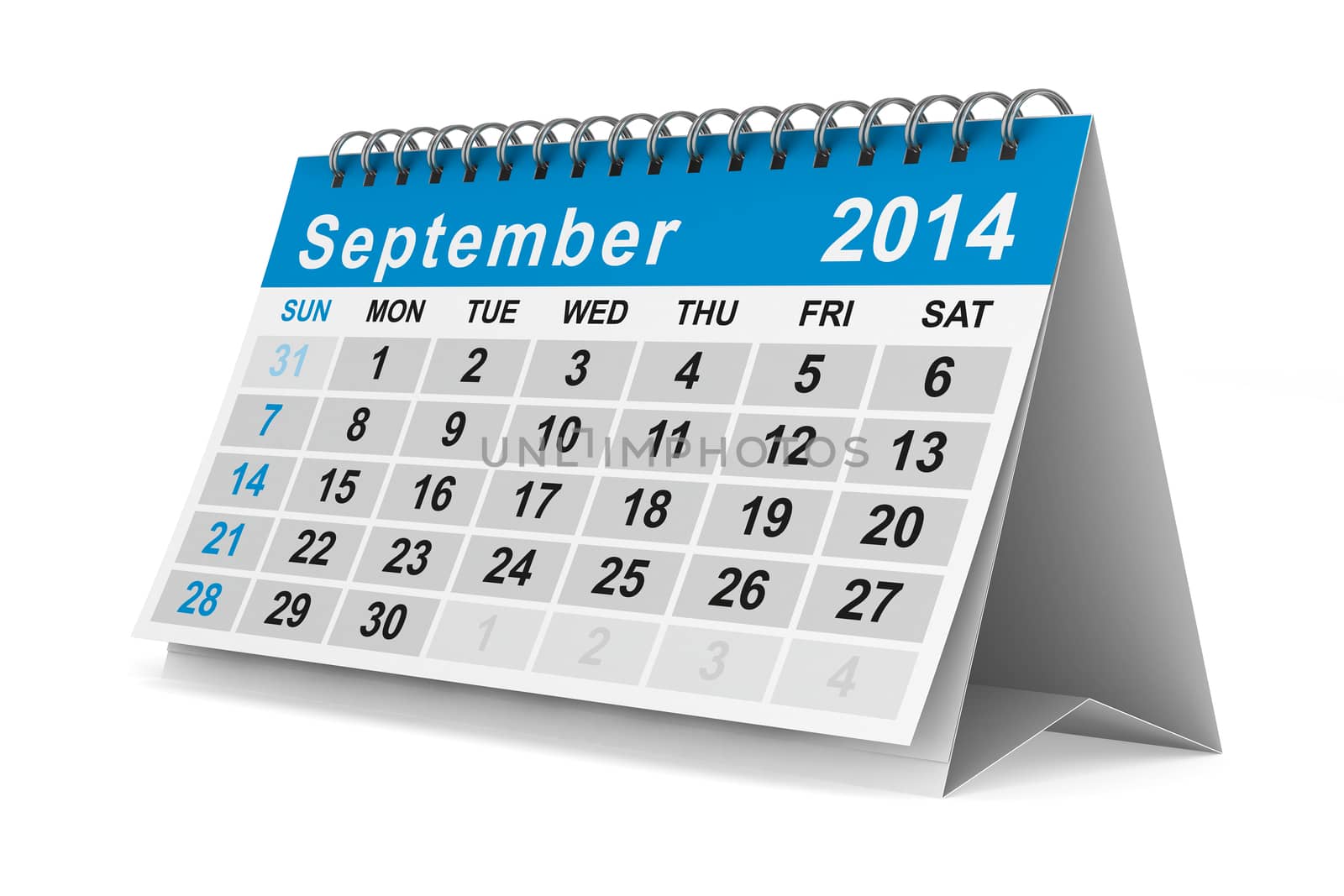 2014 year calendar. September. Isolated 3D image