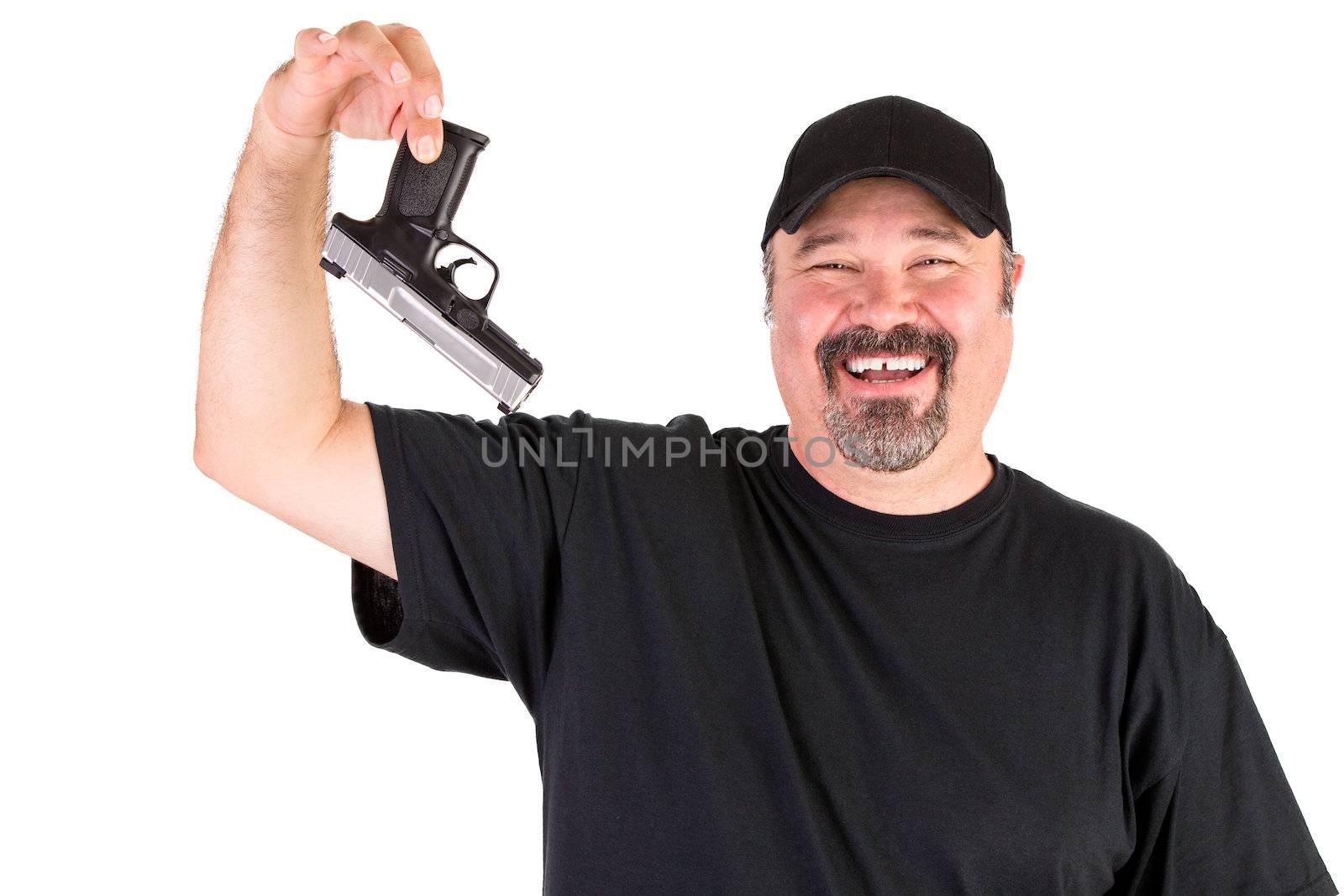 Big guy with a goatee and black shirt surrender with his gun on his left hand smiling friendly