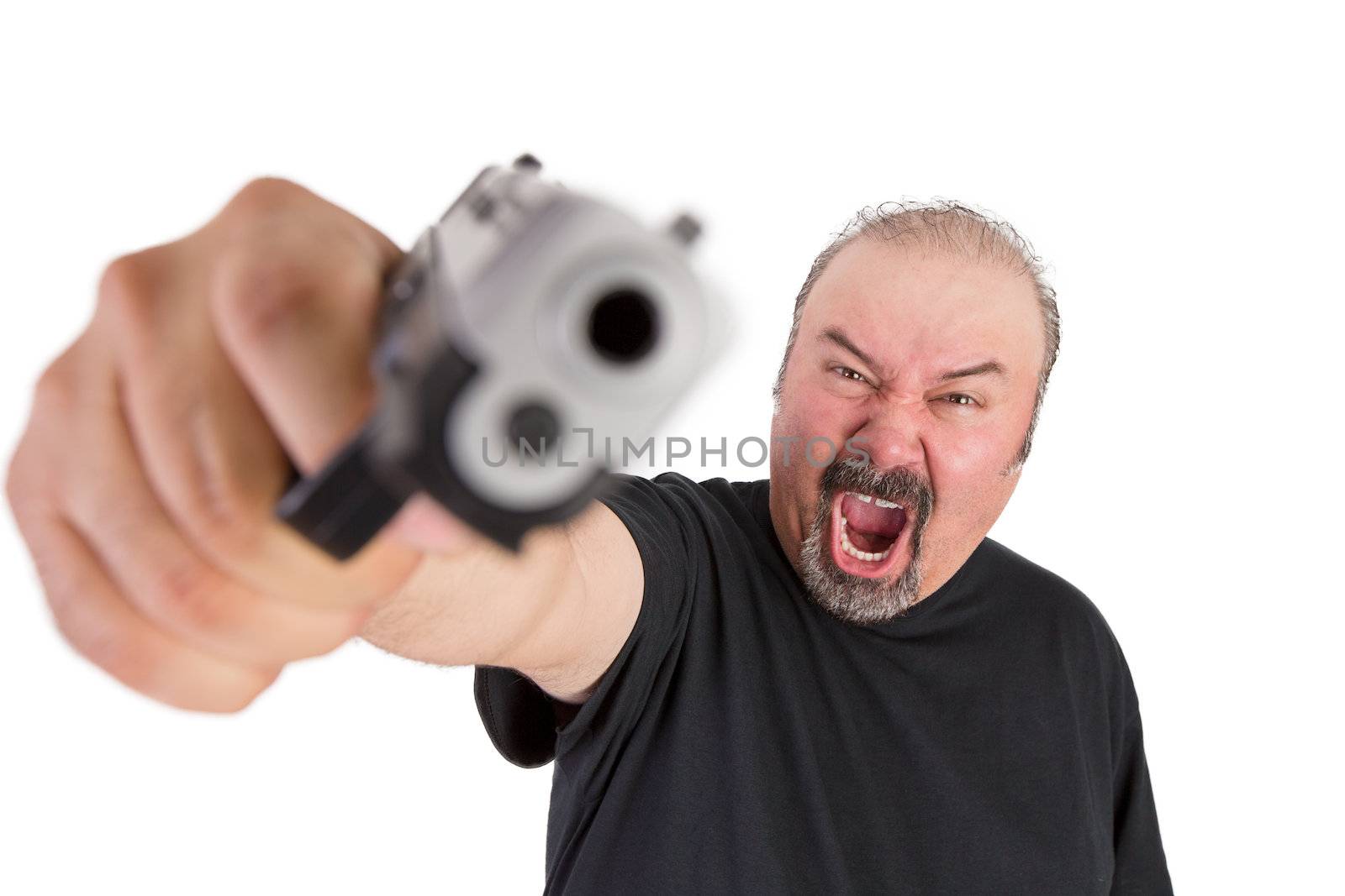 Big man with angry eyes points his gun to your face, looks very angry, make sure do whatever he says, stop thinking, focus on the  face, try to remember him one last time, pray fast, isolated on white