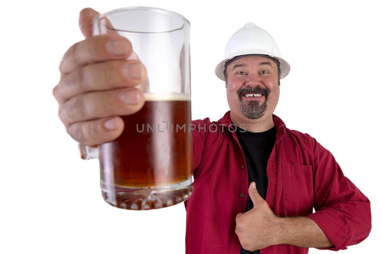 Happy hard hat working giving a thumbs up, sharing his beer glass, wearing red shirt  along with his white hard hat