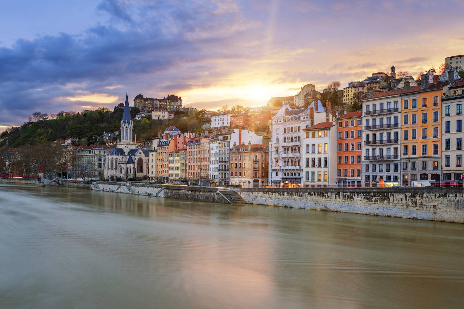 View of Saone river in Lyon city at sunset, France 