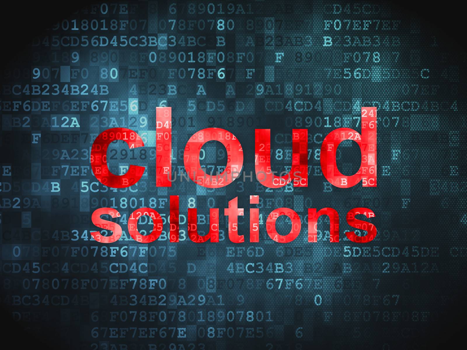 Cloud computing technology, networking concept: pixelated words Cloud Solutions on digital background, 3d render