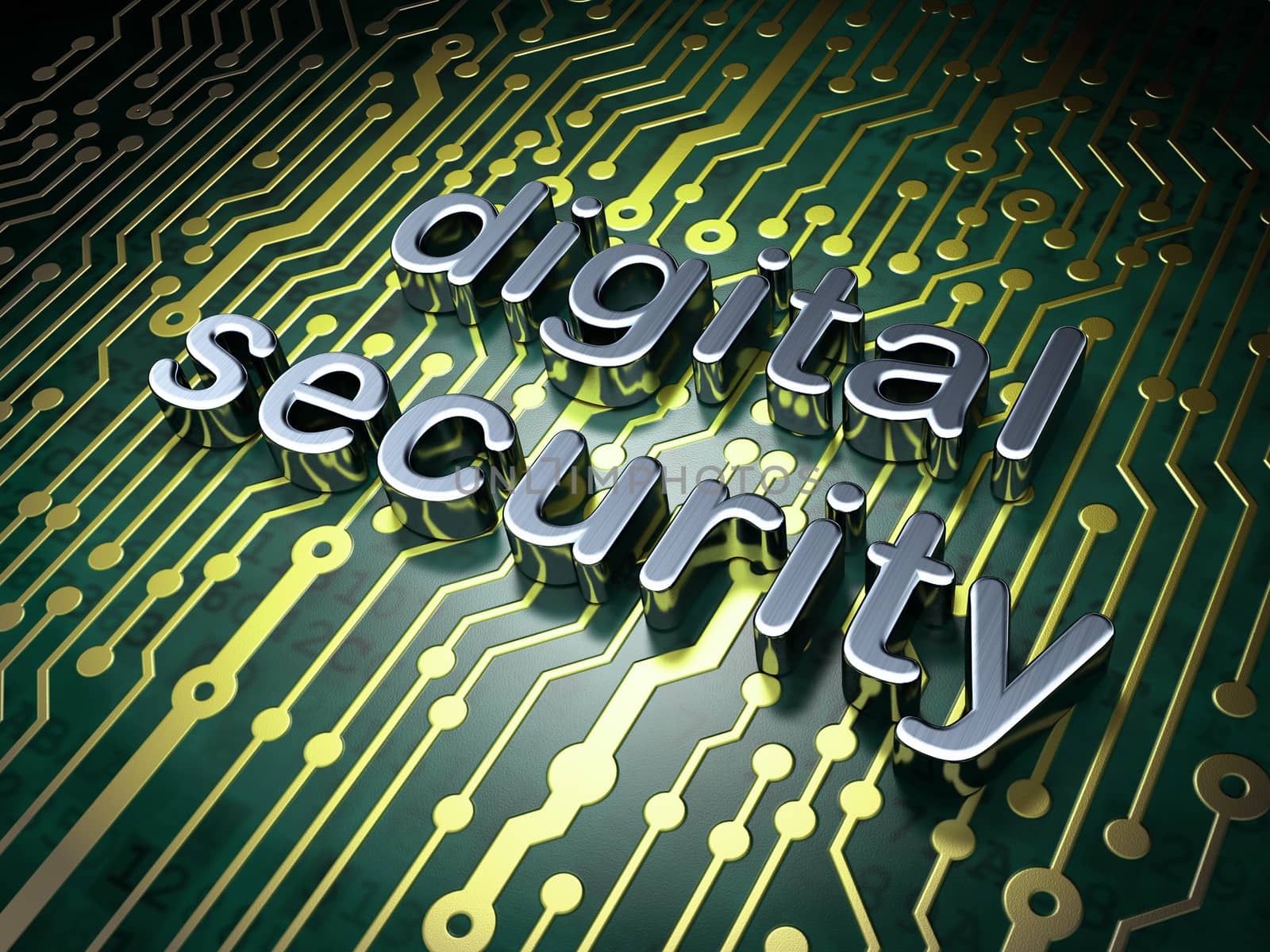 Safety concept: circuit board with word Digital Security, 3d render