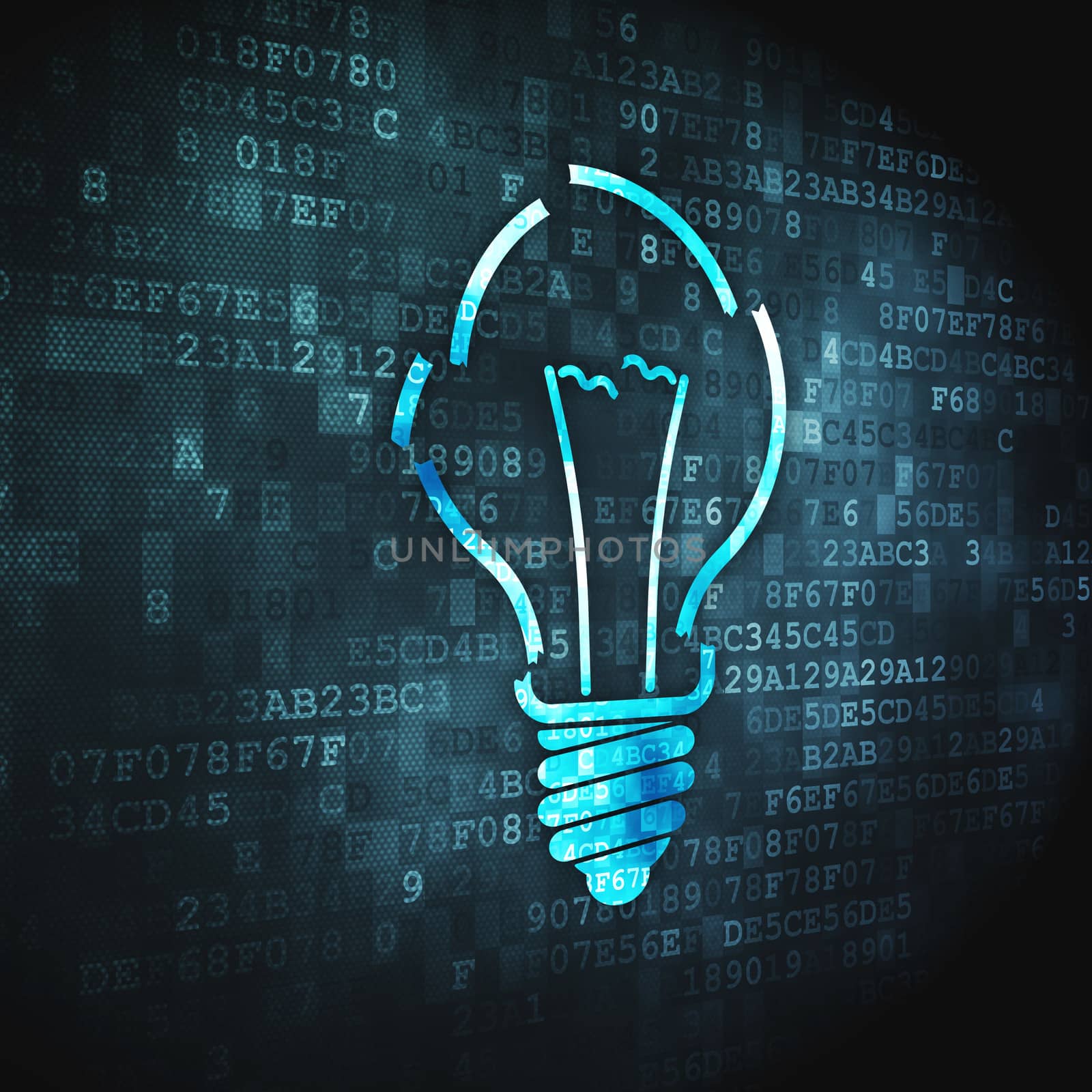 Business concept: pixelated Light Bulb icon on digital background, 3d render