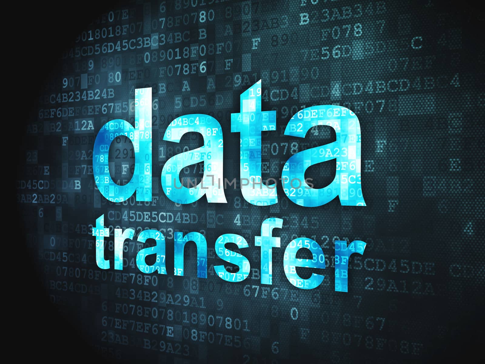 Information concept: pixelated words Data Transfer on digital background, 3d render