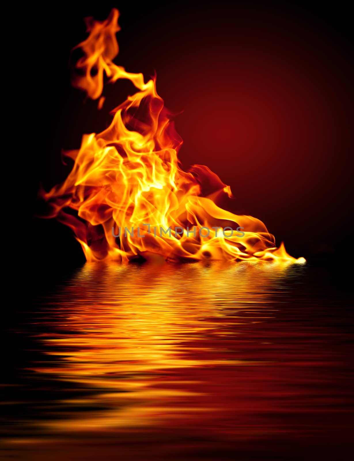 Fire flames and water reflections