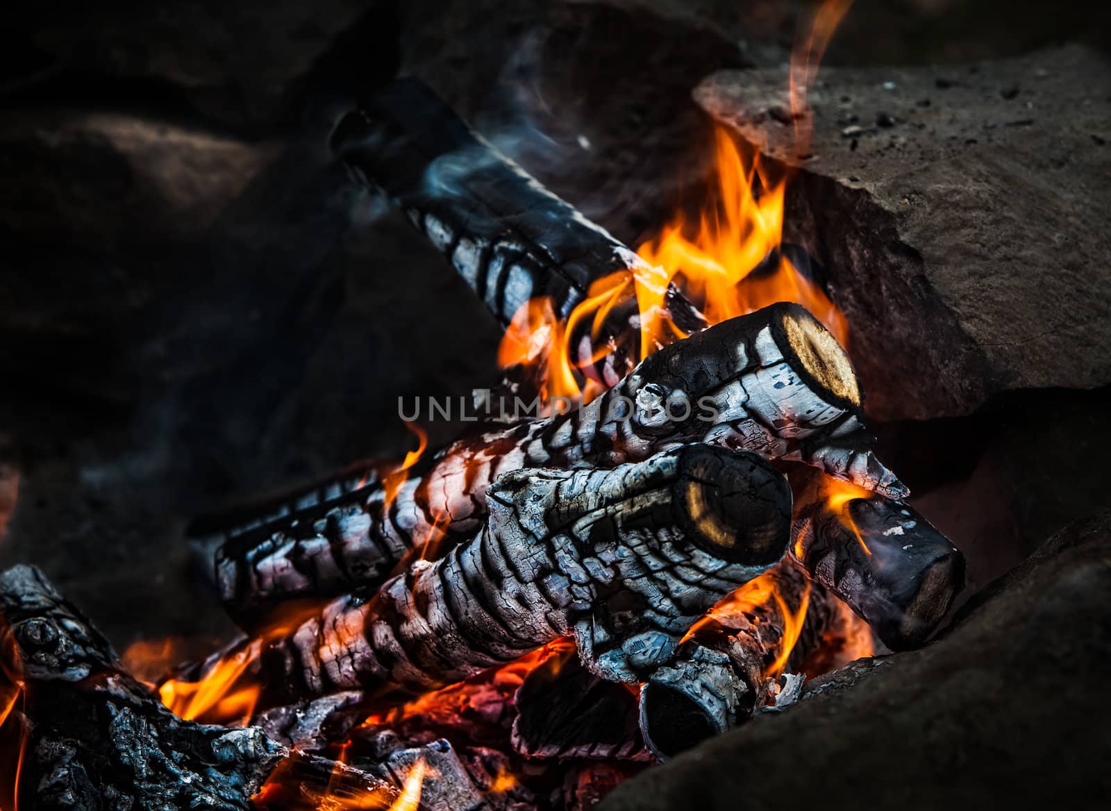 Bonfire. Closeup of hot burning wood, coals