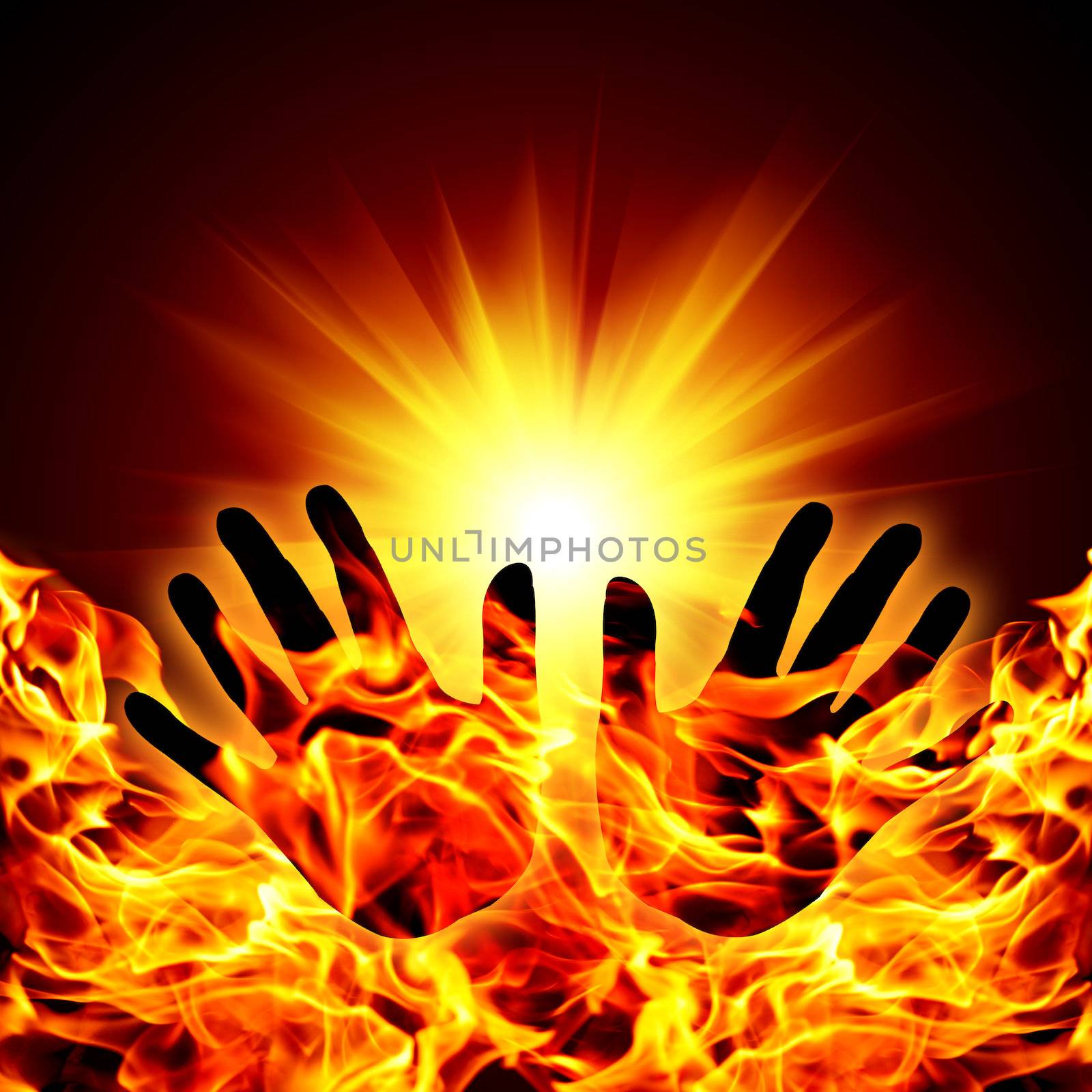Hand silhouette against of fire and sun background