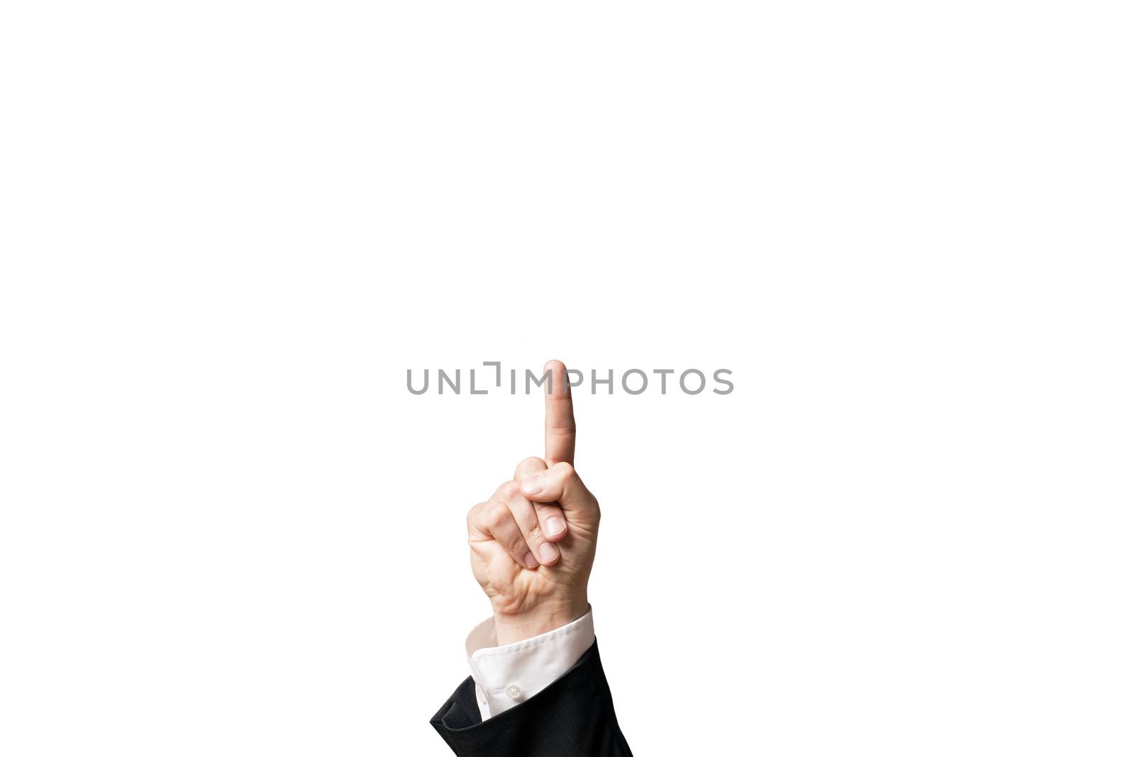 Image with white background of a male hand in the suit pointing with his finger up