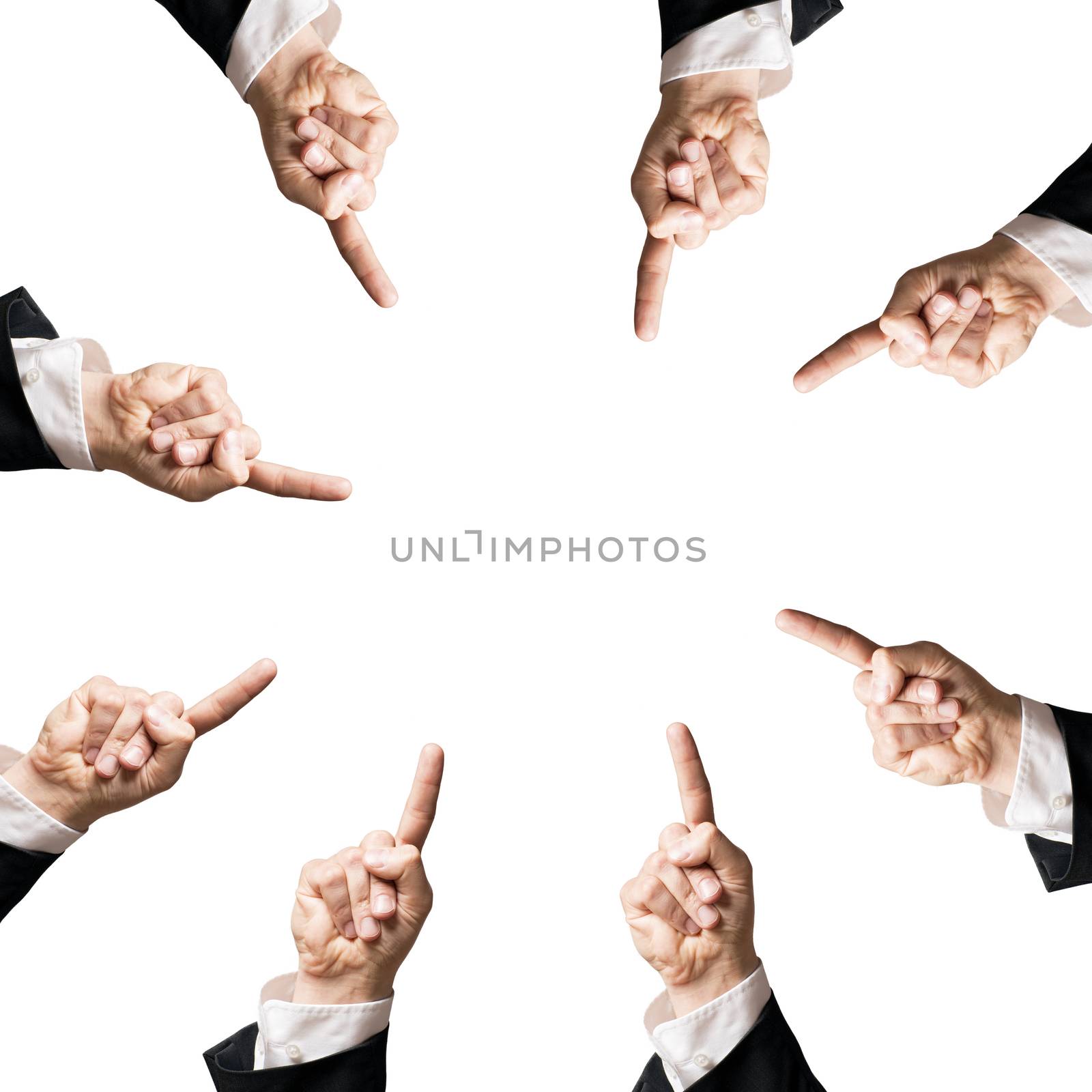 Several hands in suit against white background pointing to a common point in the center