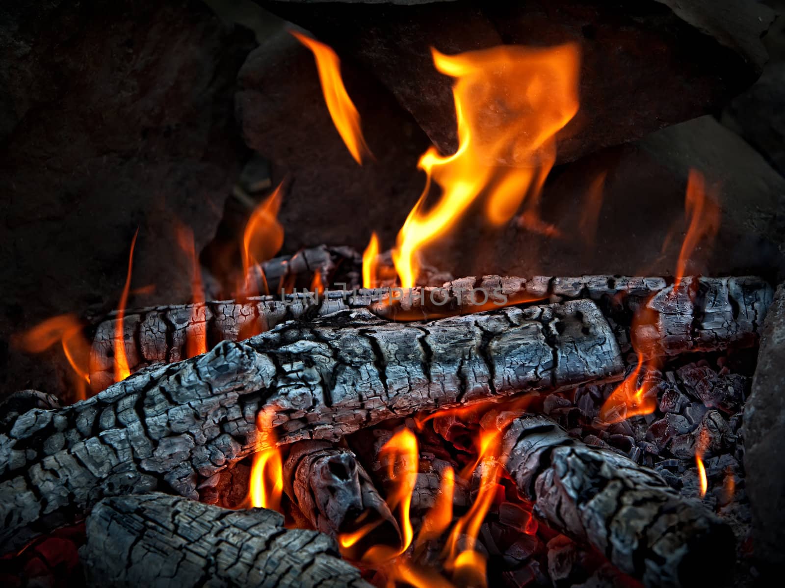 Closeup of hot burning wood, coals.