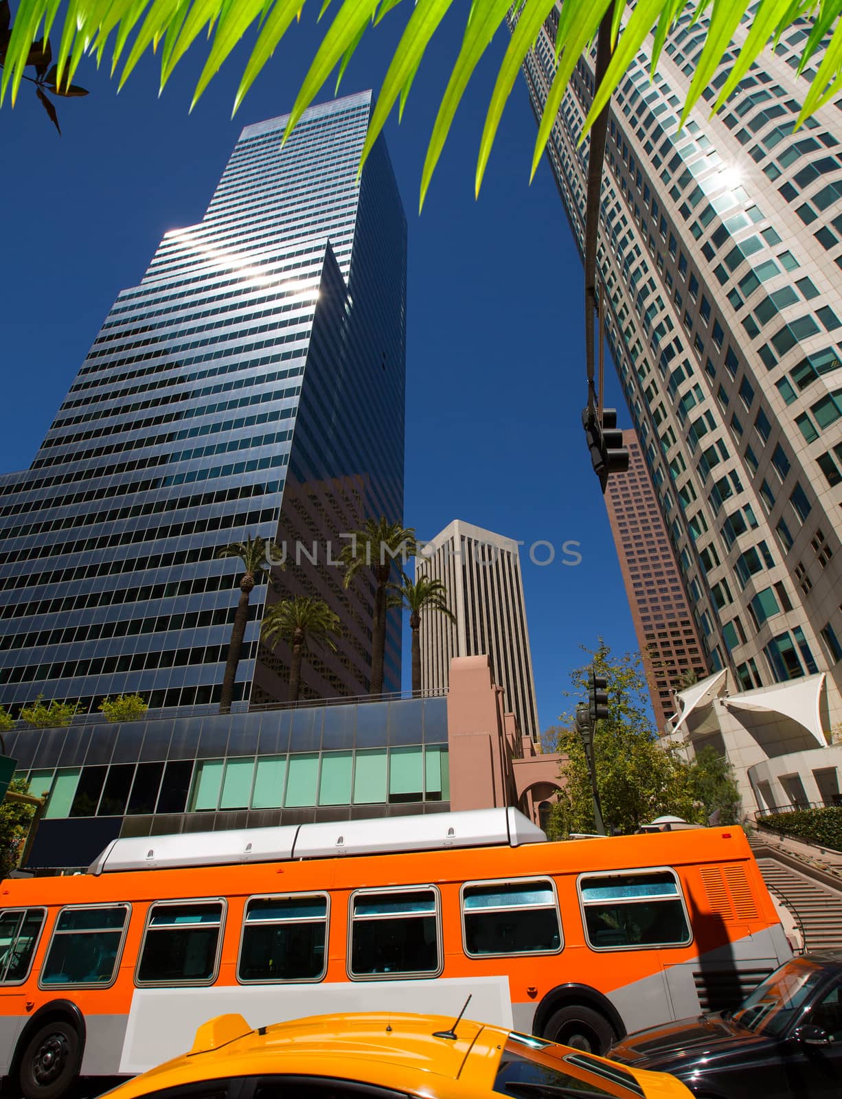 Downtown LA Los Angeles skyline California with traffic on streets