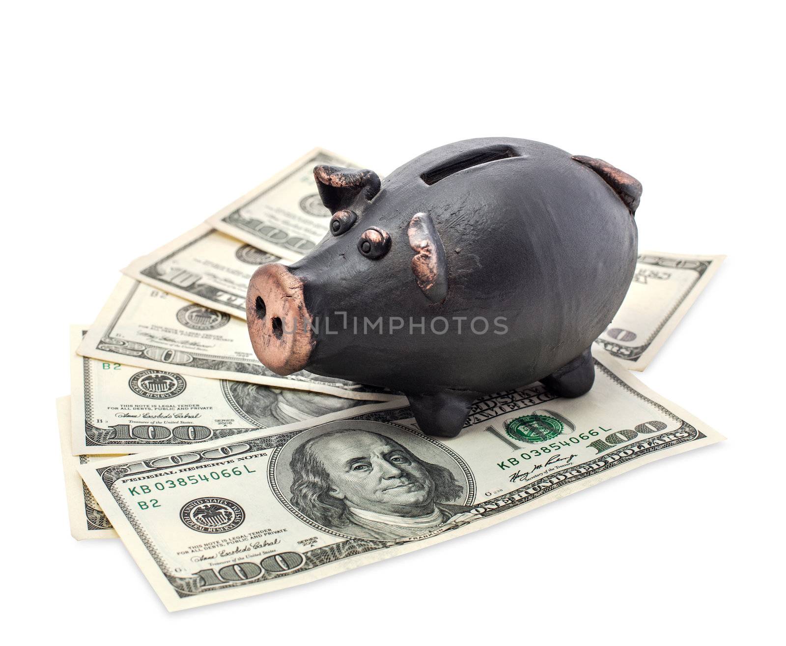 Money and black piggy bank isolated on white background.