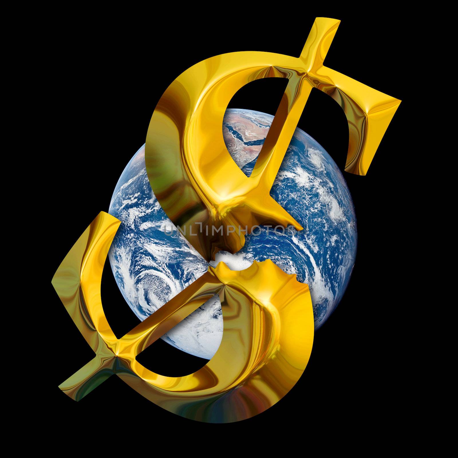 Global financial crisis. Broken gold dollar against earth background. Elements of this image furnished by NASA