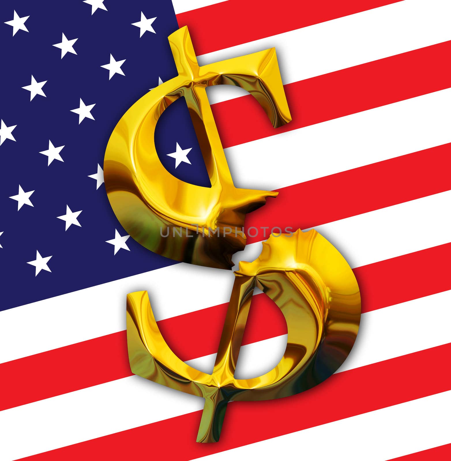 Financial crisis. Broken gold dollar on American flag background