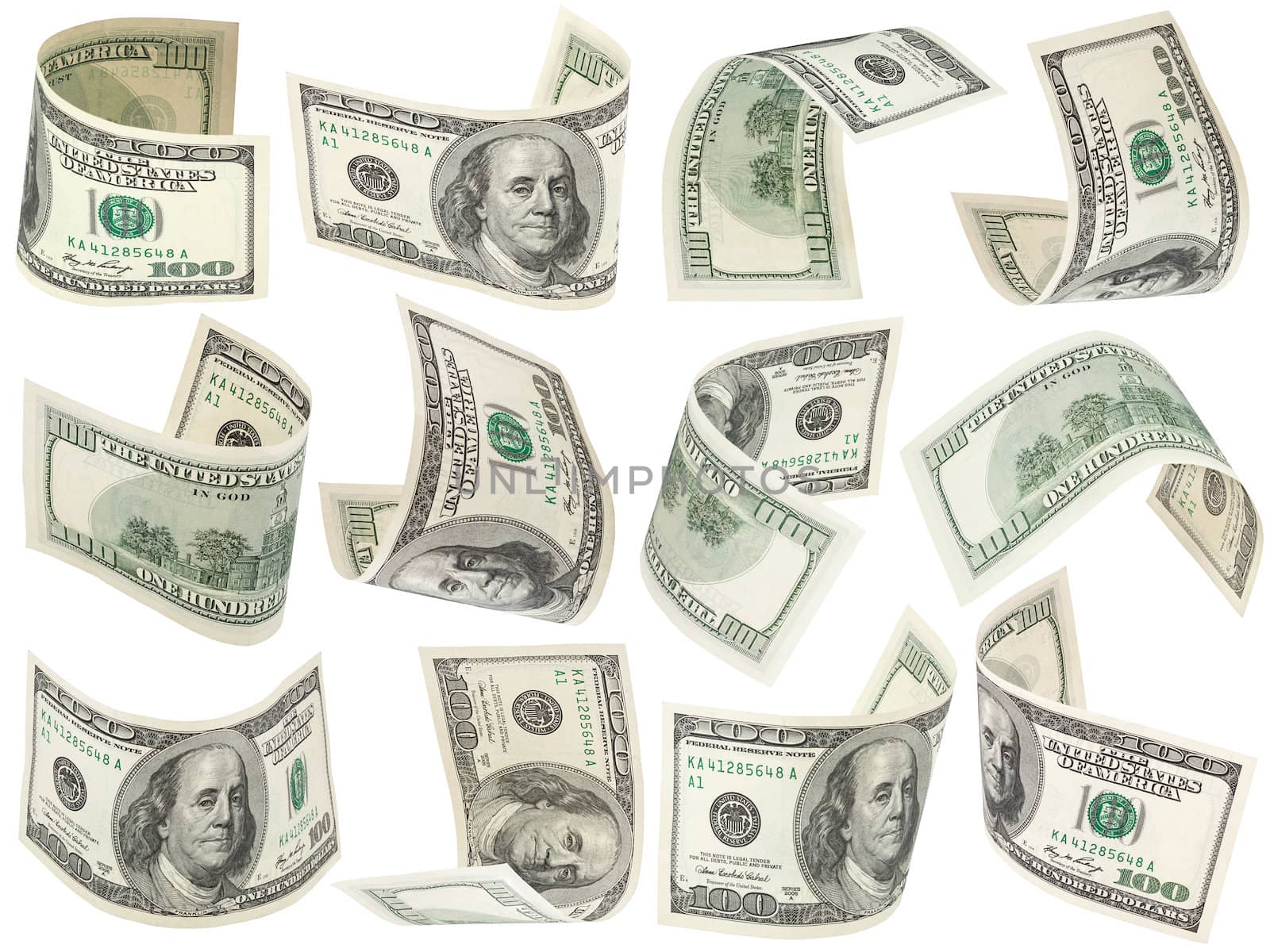 Set of flying 100 dollars banknotes isolated on a white background for collages