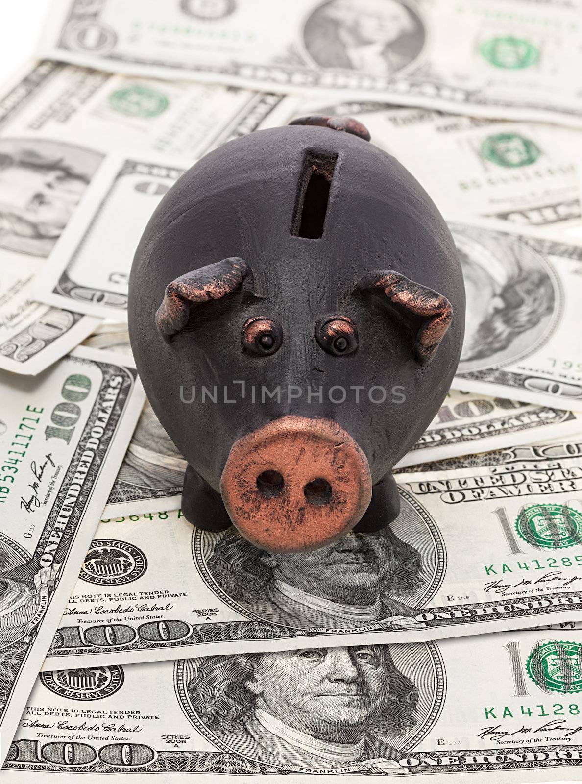 Money and black piggy bank