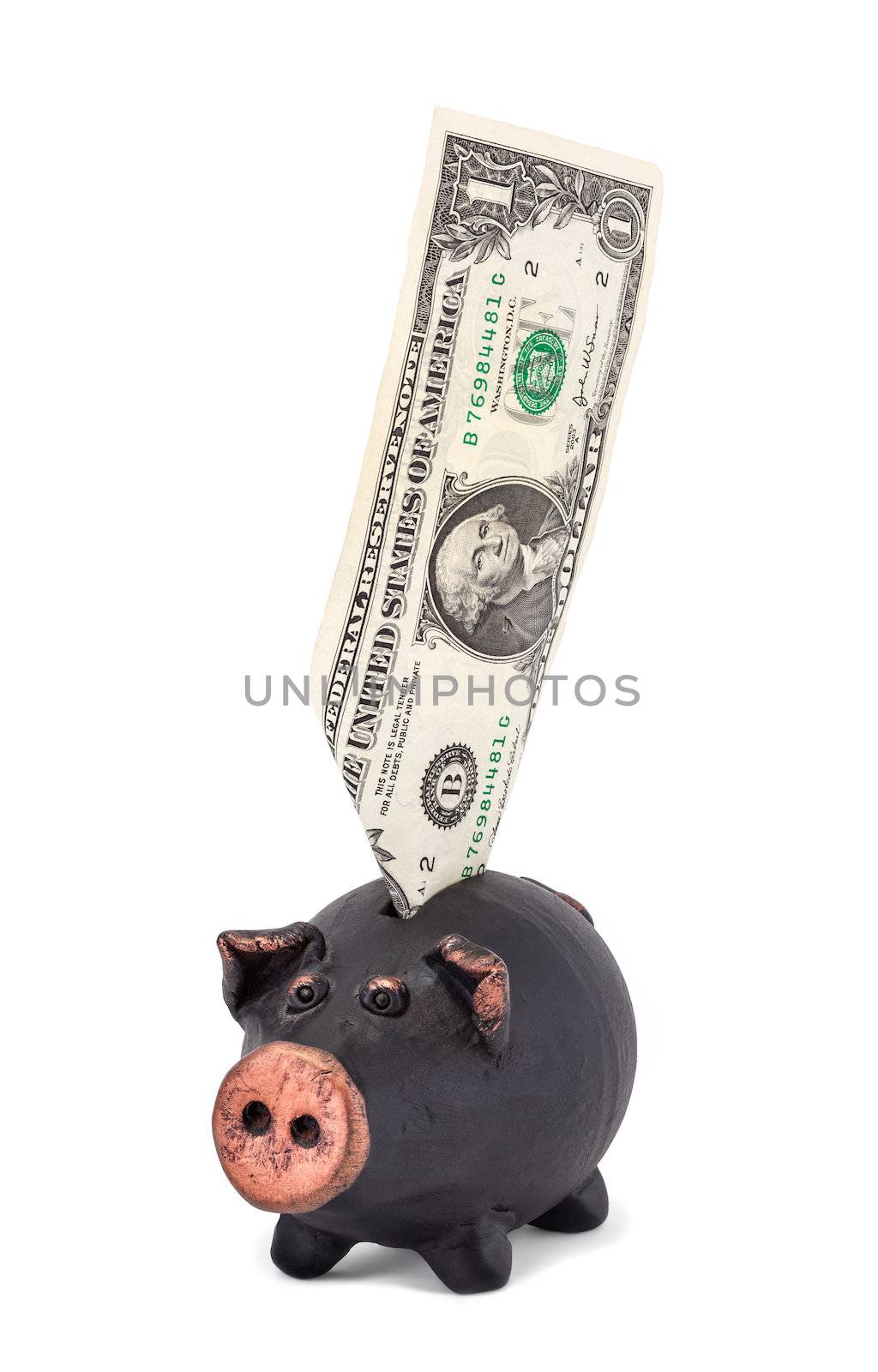 One dollar and black piggy bank isolated on white background