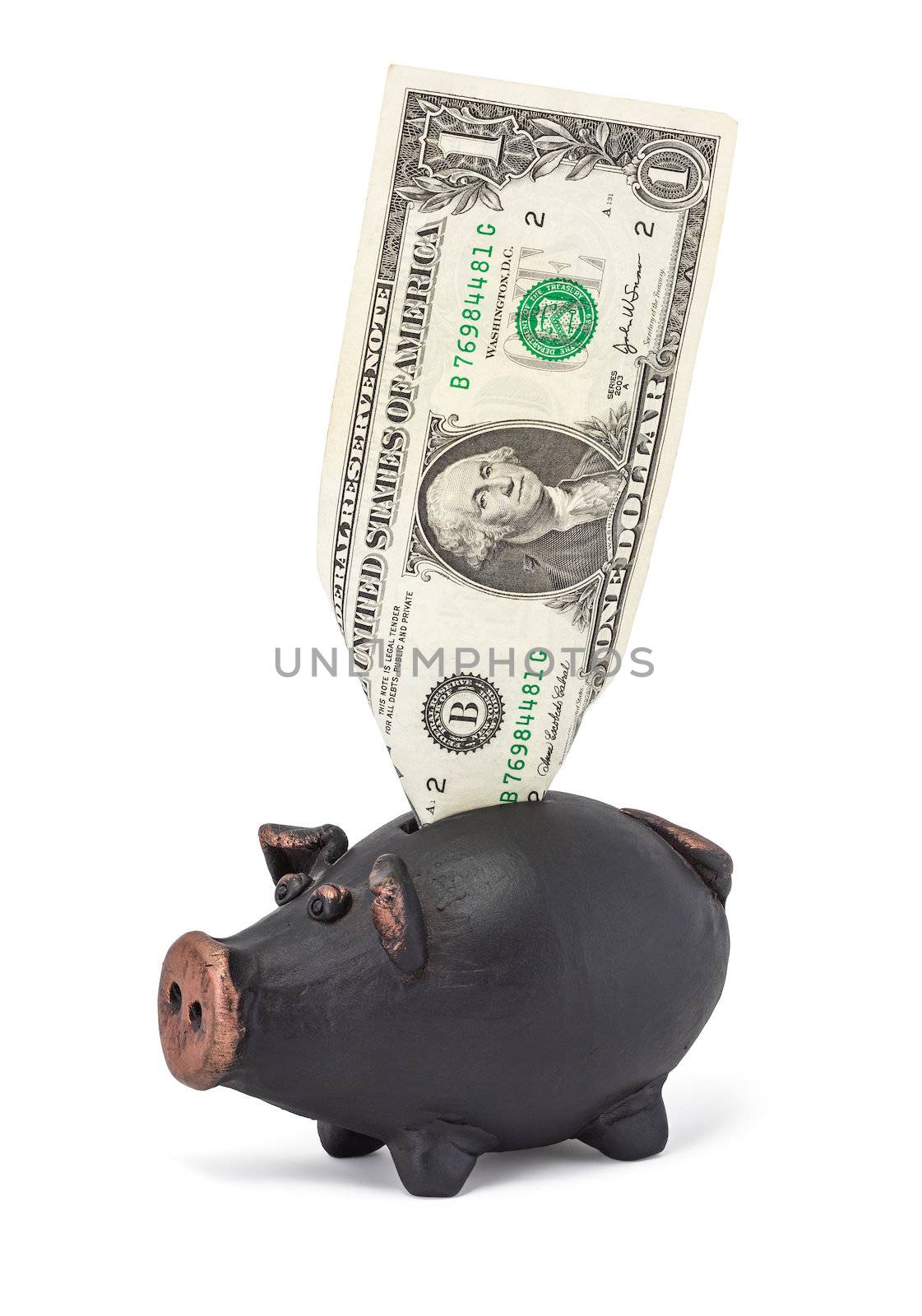 One dollar and black piggy bank isolated on white background