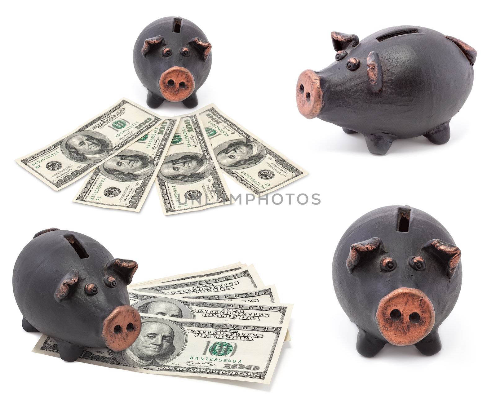 Money and black piggy bank by palinchak