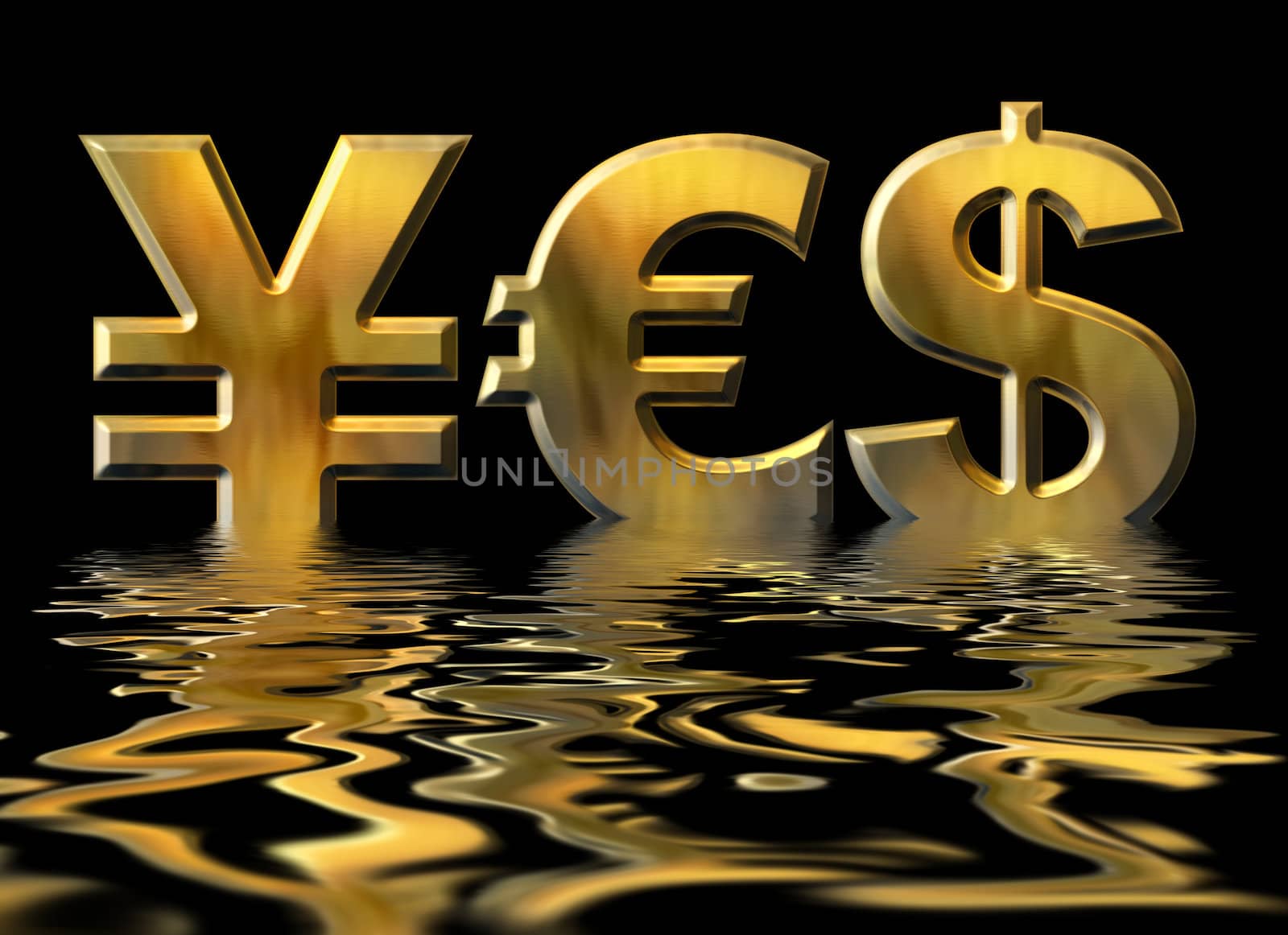 Word YES written by gold symbols of yen, dollar and euro with water reflection