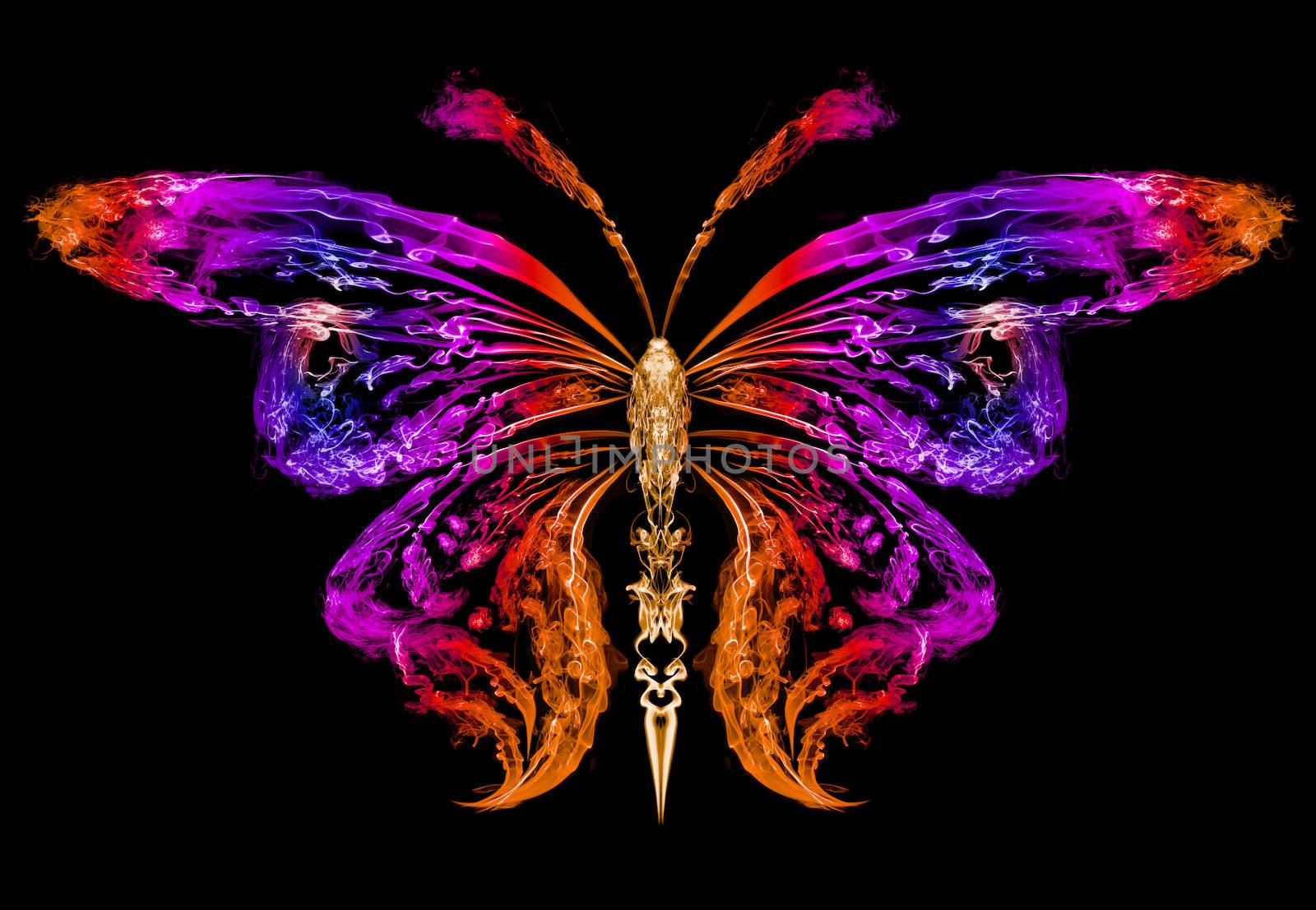 Abstract silhouette of a butterfly drawn by color smoke